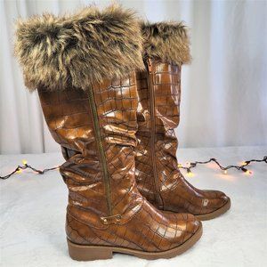 Furry Tan Croc Faux Fur Fold Over Cuff Winter Mid Calf Boots